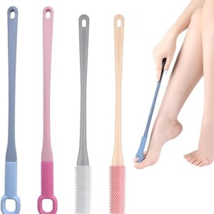 4 PCS of Toe Cleaning Brush, Soft Foot Scrubber in Shower with Long Handle, Practical Toe Gap Cleaning Brush, Suitable for The Elderly, Middle-Aged and Elderly, Men and Women (Pink, Gray, Blue)