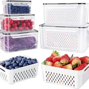 5 PCS Large Fruit Containers for Fridge - Leakproof Food Storage Containers with Removable Colander - Dishwasher & microwave safe Produce Containers Keep Fruits, Vegetables, Berry, Meat Fresh longer