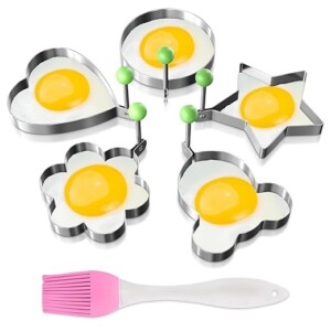 5 Pcs Pancake Mold Set – Stainless Steel Pancake Molds for Griddle with Fun Shapes, Comfortable Handles, and Non-Slip Design – Egg Shaper for Frying Pan With Silicone Brush for Easy Use & Cleaning
