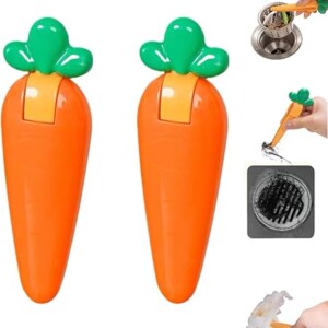 Bathroom Gadgets 2025, Hair Drain Clog Remover, 2-in-1 Cute Carrot Design Hair Cleaning Clips Tweezers for Bathroom, Kitchen Sink, Shower Drain, Removes Hair and Grime Without Touching (2PCS)