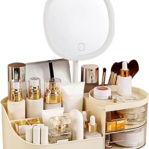 DASITON Makeup Organizer with Rechargeable Mirror,Makeup Brush Holder with 2 Drawers,Skincare and Cosmetics Organizer Countertop,Large Capacity Cosmetic Display Case for Vanity,Bedroom,Bathroom(Cream)