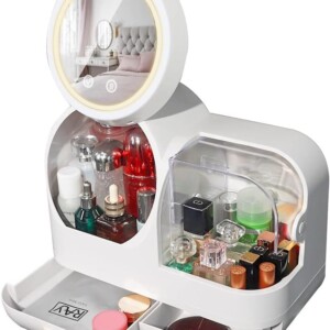 Generic Cosmetic Display Cases Skin Care Organizer Makeup Storage Organizer Box with Mirror Cosmetic Display Case with Touch Screen LED Light Anti Dust and Waterproof Skin Care Organizer White