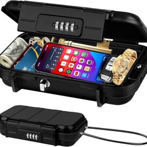 Portable Travel Safe Lock Box 4-Digit Combination Mini Safe Box, Anti-Theft Beach Security Lockbox Waterproof Small Lockable Box with Removable Wire Rope for Dorm Beach Hotel Car Home Office