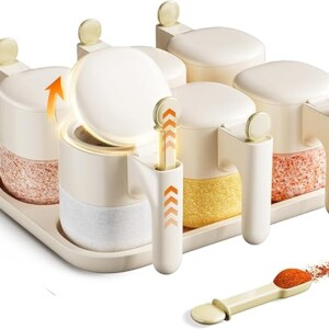 Seasoning Spice Containers with Lid and Spoon Set,6-Pack 11oz Auto-Open/Close Seasoning Box Wide Mouth Glass Salt and Sugar Container Sets for Countertop,Dishwasher Safe Spice Jars