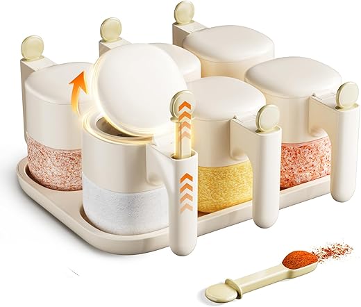 Seasoning Spice Containers with Lid and Spoon Set,6-Pack 11oz Auto-Open/Close Seasoning Box Wide Mouth Glass Salt and Sugar Container Sets for Countertop,Dishwasher Safe Spice Jars