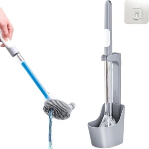 Silicone Toilet Bowl Brush and Holder Set, Bathroom Toilet Bowl Cleaner Brush, refillable Toilet Brush with soap Dispenser