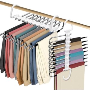 Trrcylp2Pack 9 Layers Foldable Pants Hangers Space Saving Trouser Hanger Multifunctional Trouser Rack Hanger Hanging Hole for Wardrobe Trousers Scarf Jeans (White)
