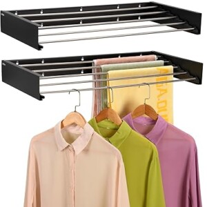 Wall Mounted Laundry Drying Rack, Retractable Clothes Drying Rack for Bathroom with Wall Template, 5 Stainless Rods Heaving 60 lb Capacity (Black, 31.5")